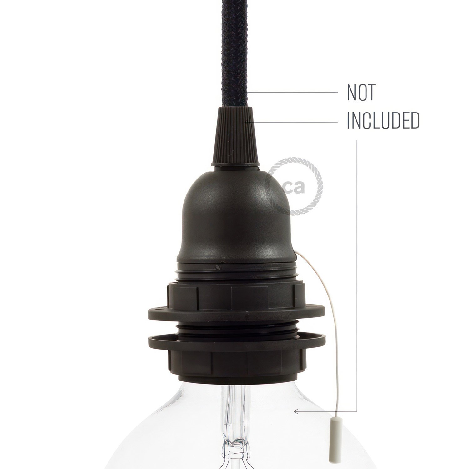 Kit lamphållare E27 i termoplast med dubbel skärmring för lampskärm och dragströmbrytare