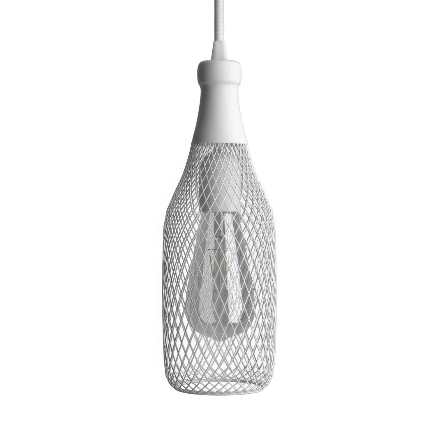 Pendellampa komplett med textilkabel, Magnum flaskformad bur lampskärm och detaljer i metall - Tillverkad i Italien