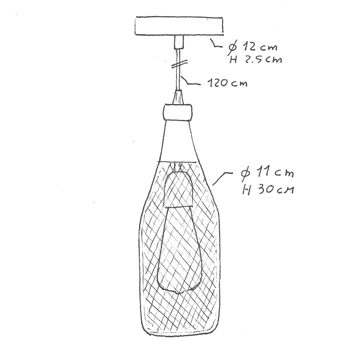 Pendellampa komplett med textilkabel, Magnum flaskformad bur lampskärm och detaljer i metall - Tillverkad i Italien