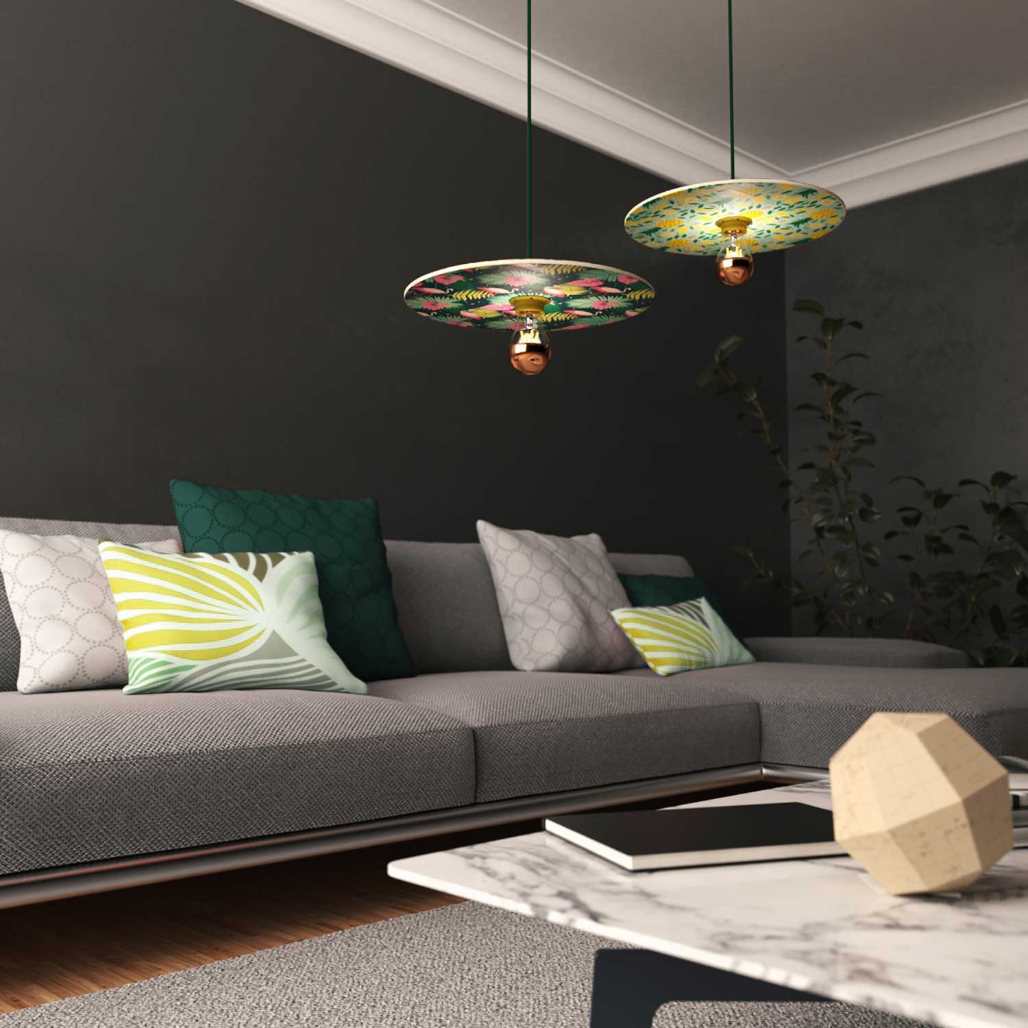 Pendellampa komplett med textilkabel, UFO dubbelsidig lampskärm i trä och detaljer i metall - Tillverkad i Italien