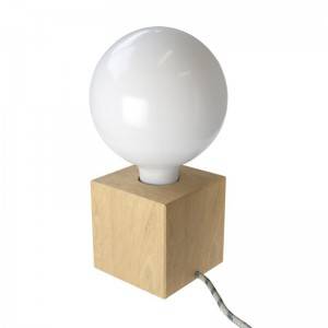 Posaluce Cubetto, bordslampa i trä komplett med textilkabel, sladdströmbrytare och 2-polig stickpropp