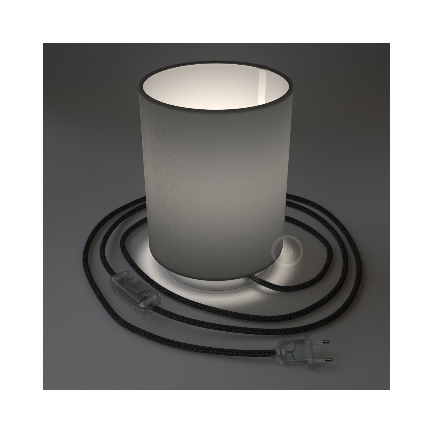 Posaluce i metall med Cilindro Antracitgrå lampskärm, komplett med textilkabel, sladdströmbrytare och 2-polig stickpropp.