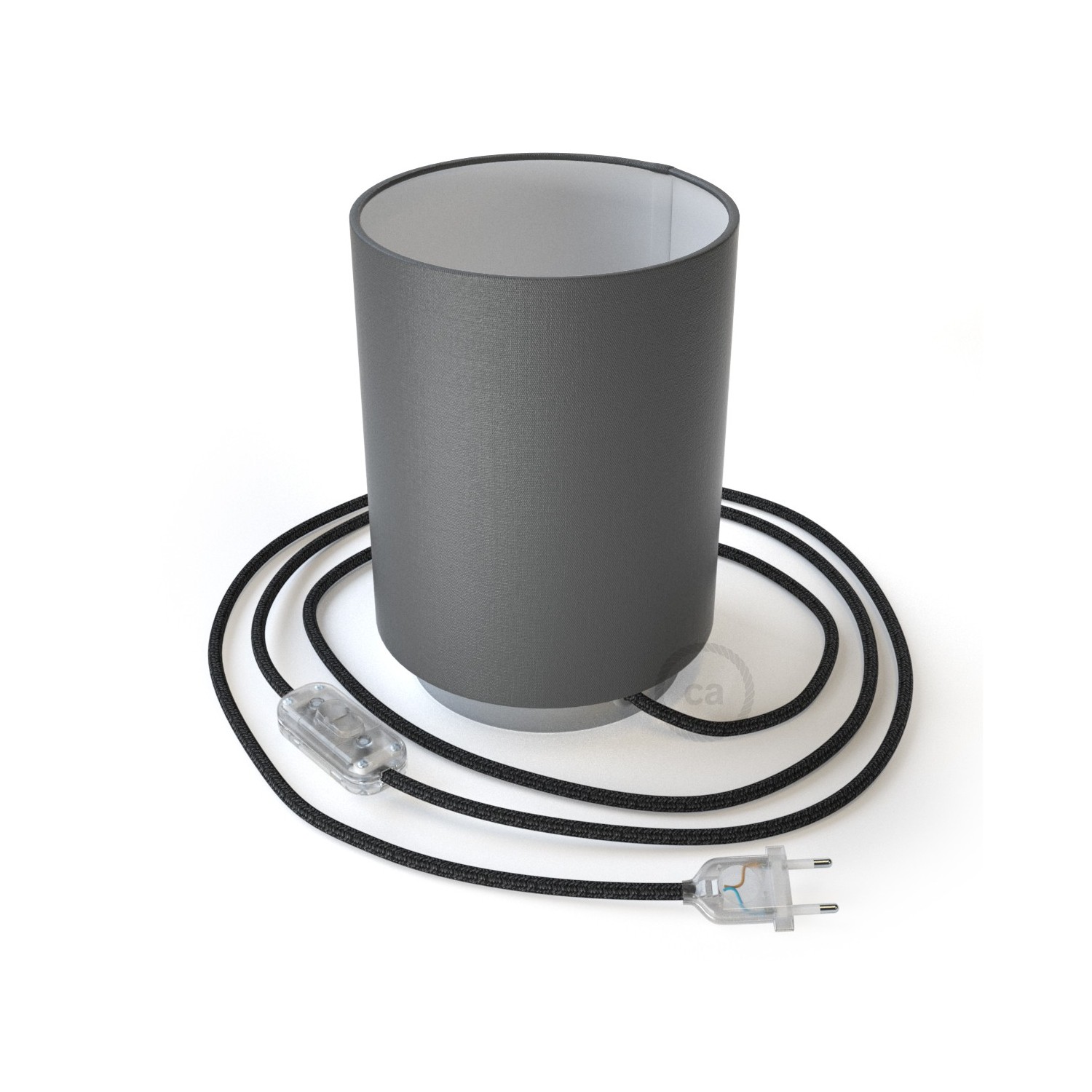 Posaluce i metall med Cilindro Antracitgrå lampskärm, komplett med textilkabel, sladdströmbrytare och 2-polig stickpropp.