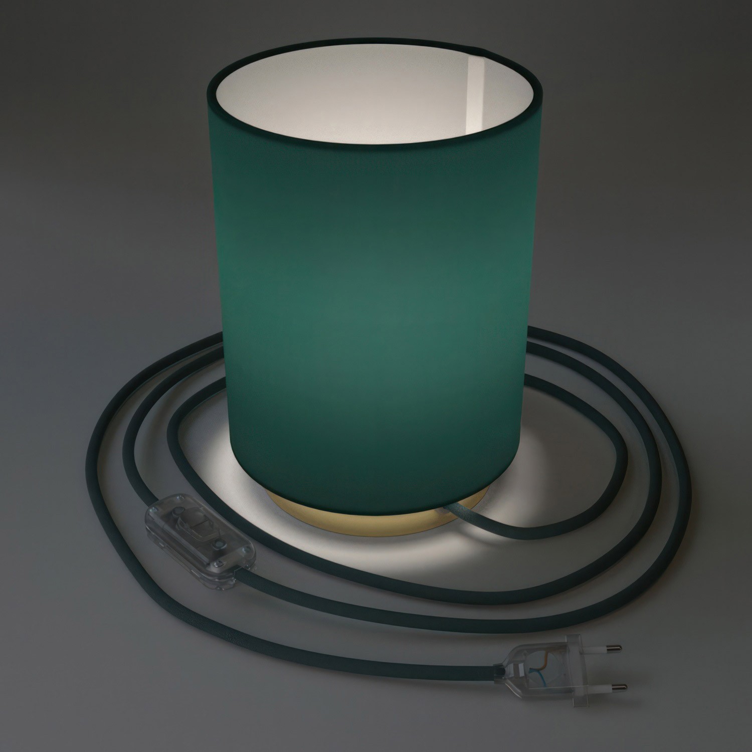 Posaluce i metall med Cilindro Cinette Petrolblå lampskärm, komplett med textilkabel, sladdströmbrytare och 2-polig stickpropp.
