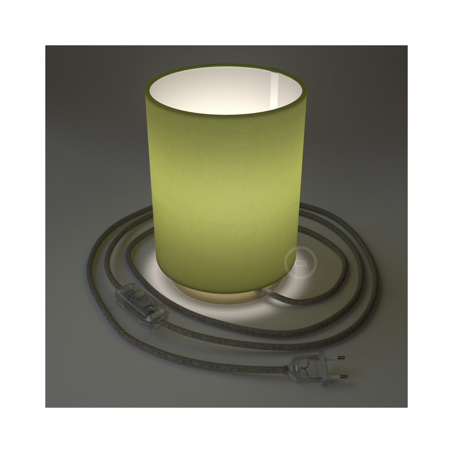 Posaluce i metall med Cilindro Olivgrön Canvas lampskärm, komplett med textilkabel, sladdströmbrytare och 2-polig stickpropp.