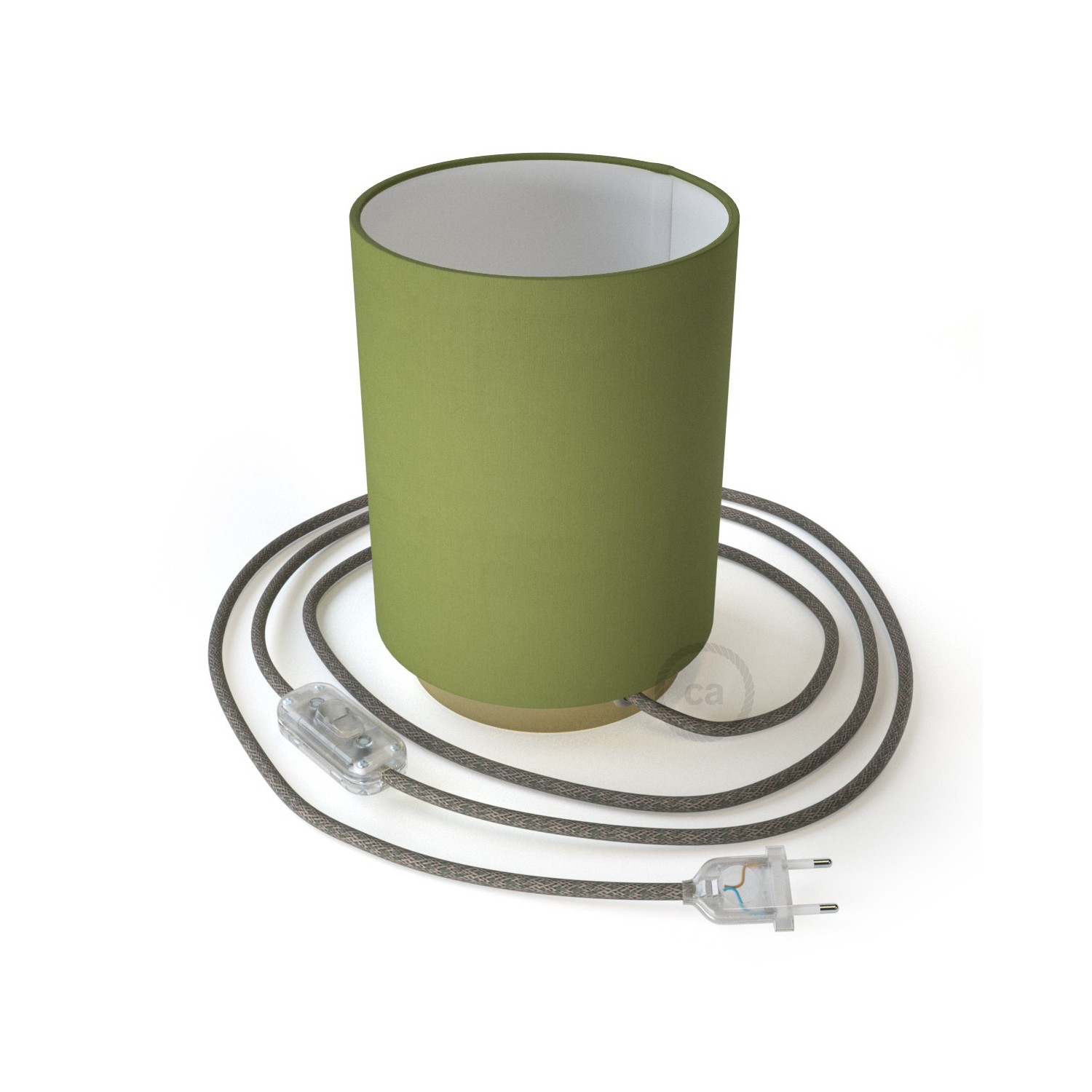 Posaluce i metall med Cilindro Olivgrön Canvas lampskärm, komplett med textilkabel, sladdströmbrytare och 2-polig stickpropp.