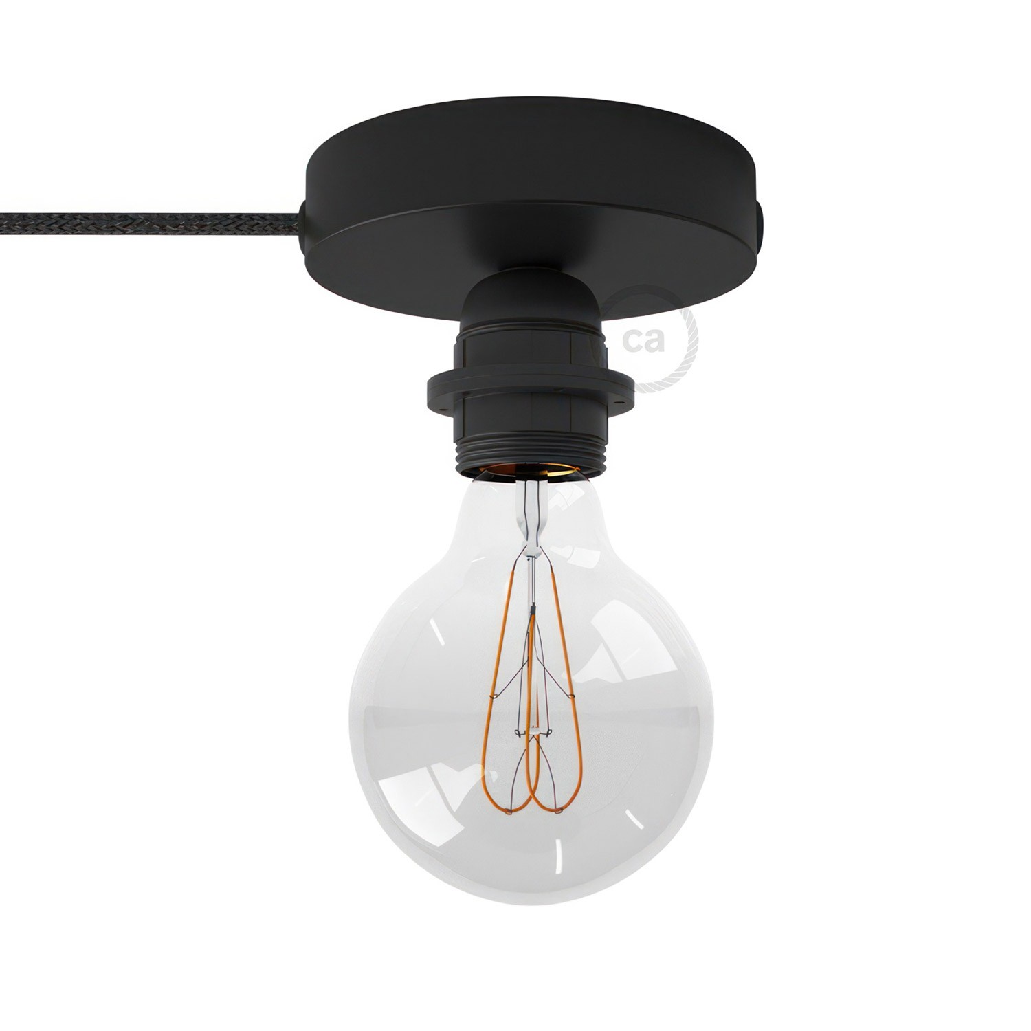 Spostaluce, spotlight i metall med E27 gängad lamphållare, textilkabel och sidohål