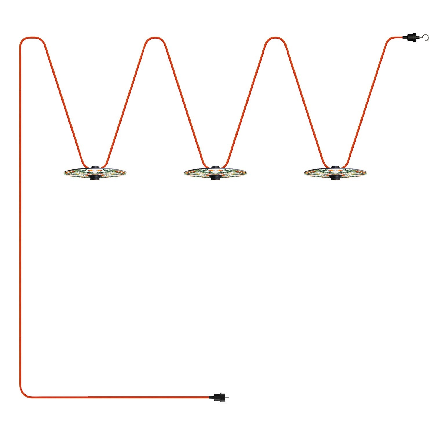 Lumet-System "Maioliche" ljusslinga med 10 m textilkabel, 3 lamphållare samt lampskärmar, krok och svart stickpropp