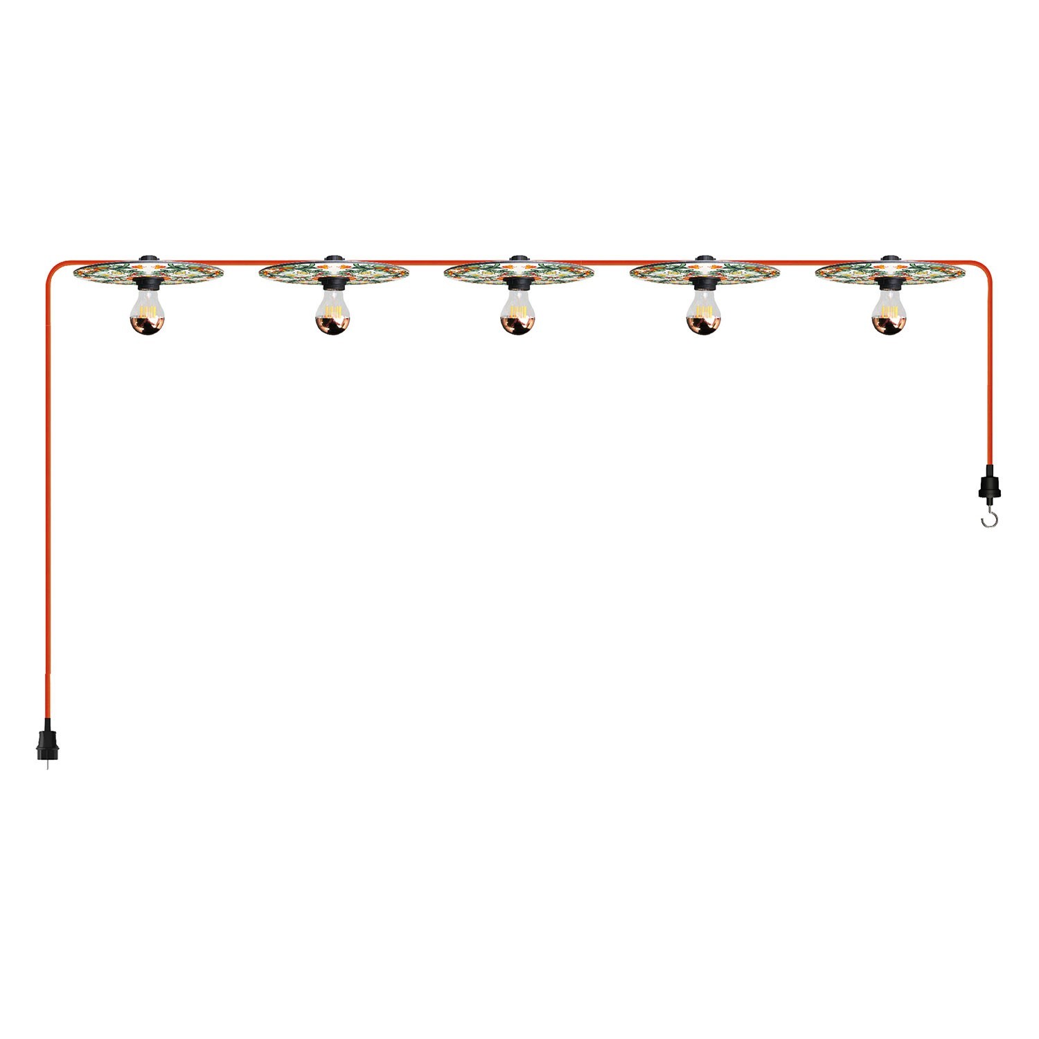 Lumet-System "Maioliche" ljusslinga med 7,5 m textilkabel, 5 lamphållare samt lampskärmar, krok och svart stickpropp