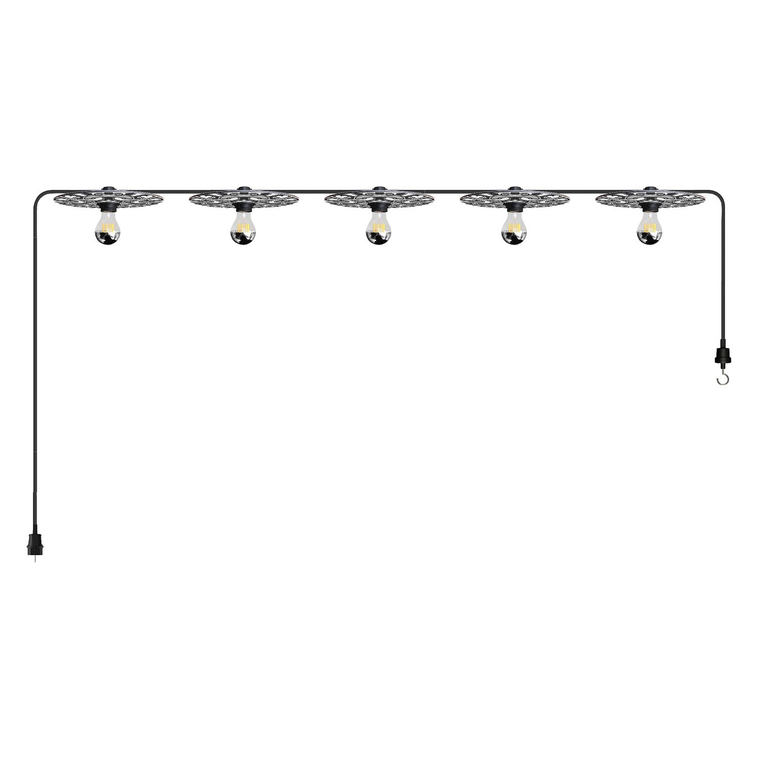 Lumet-System "Maioliche" ljusslinga med 7,5 m textilkabel, 5 lamphållare samt lampskärmar, krok och svart stickpropp