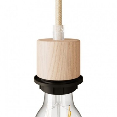 Kit cylindrisk gängad lamphållare E27 i trä för lampskärm med dragavlastare