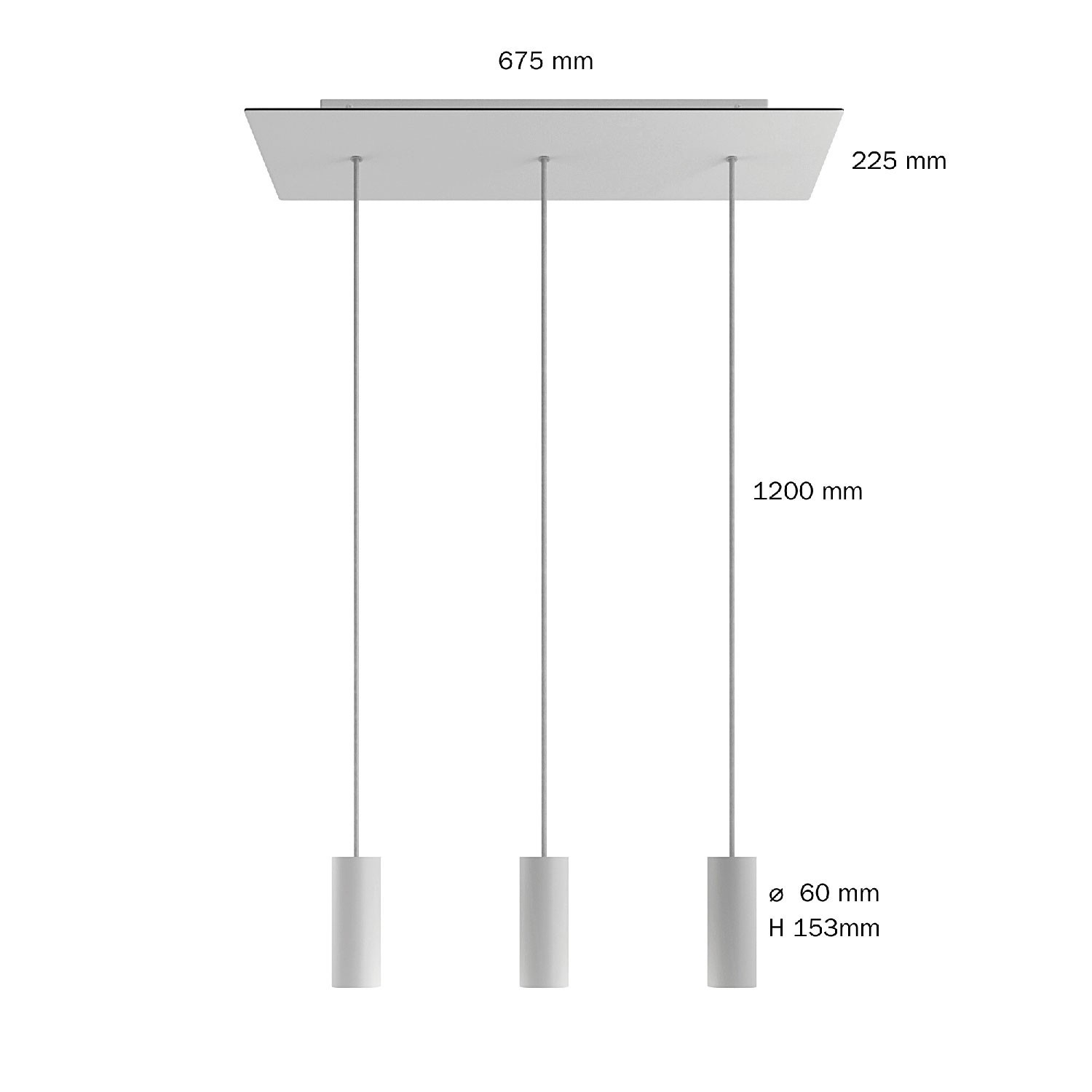 Pendellampa med 3 fall med XXL Rose-One rektangulär takkopp 675 mm komplett med textilkabel och Tub-E14 lampskärm
