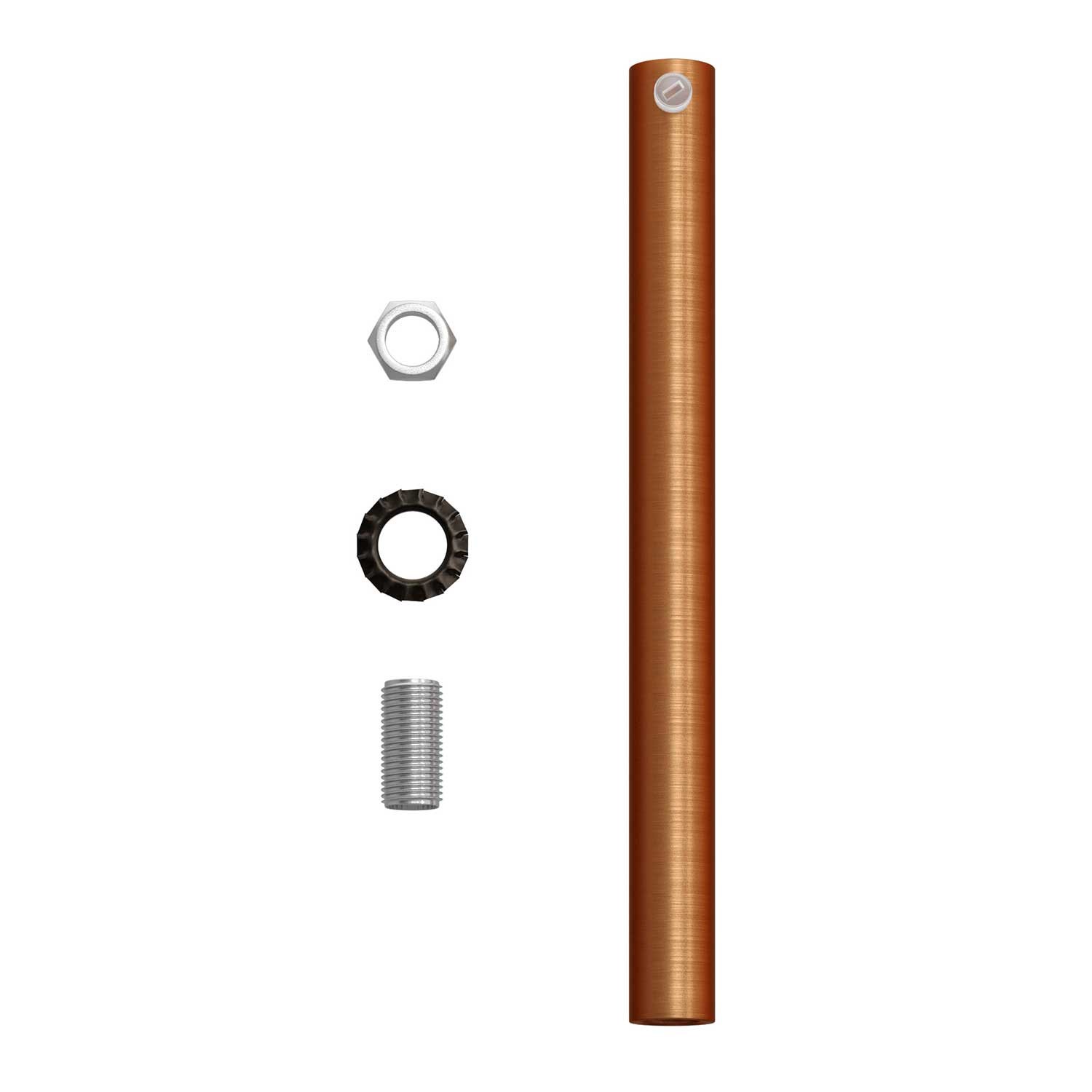 Cylindrisk dragavlastare i metall 15 cm lång komplett med gängstång, mutter samt låsbricka