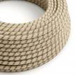 Round Electric Fabric Cable for lamps, decoration "Stripes" RD53 in coarse linen and brown bark cotton.