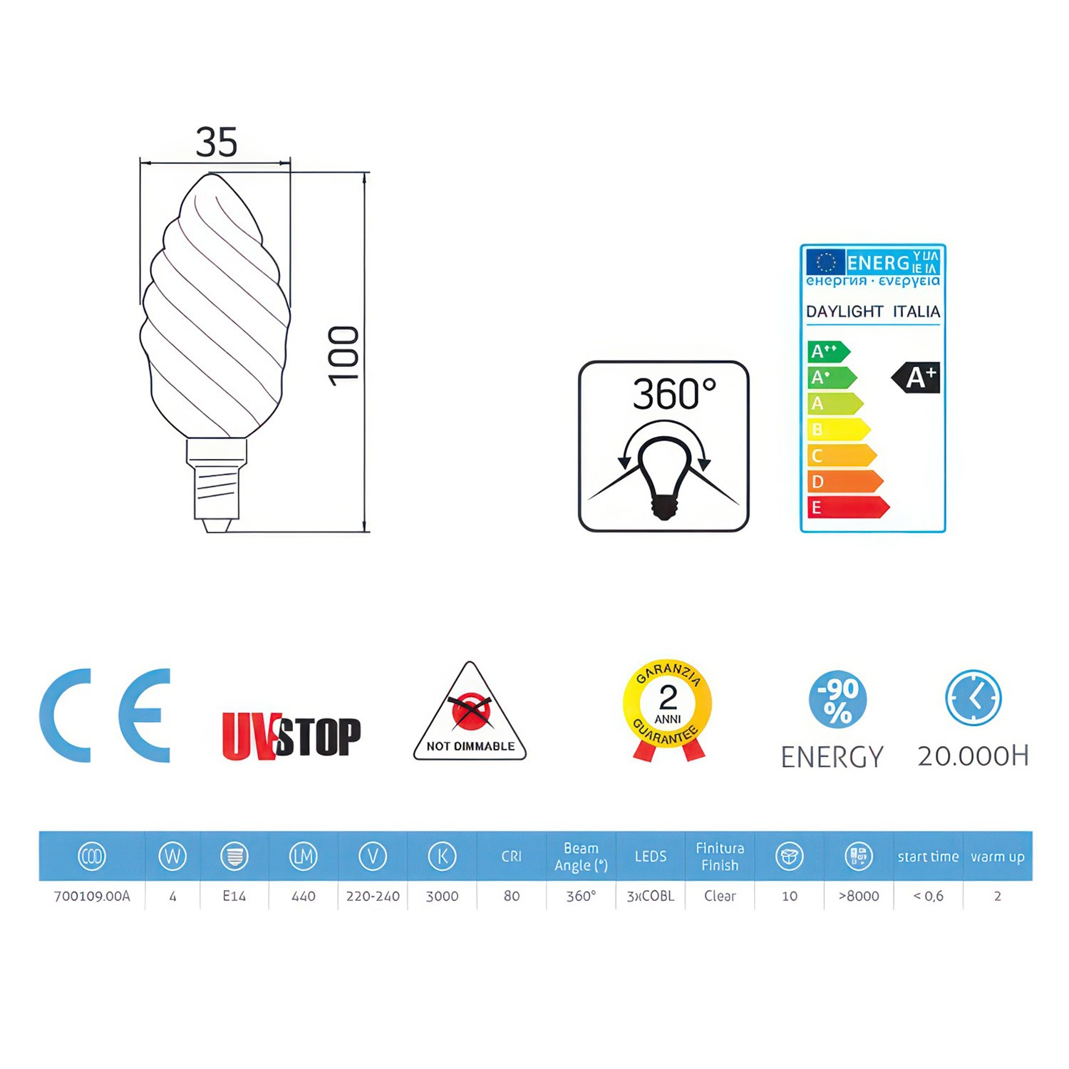 Lampa filament LED Tortiglione 4W E14 Klar