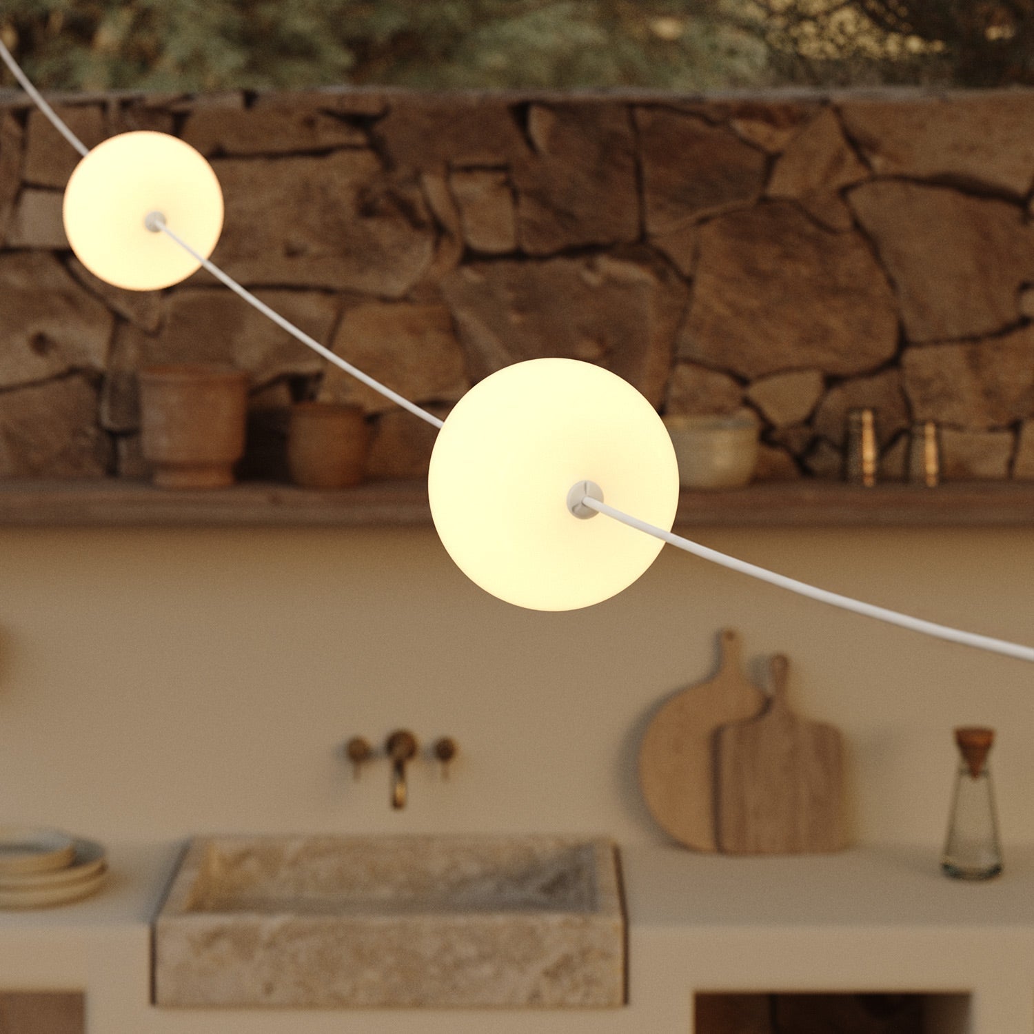 Catena luminosa 3 punti luce da esterno IP67 Bianco Sabbia - Marina3 Cherry 140 cm