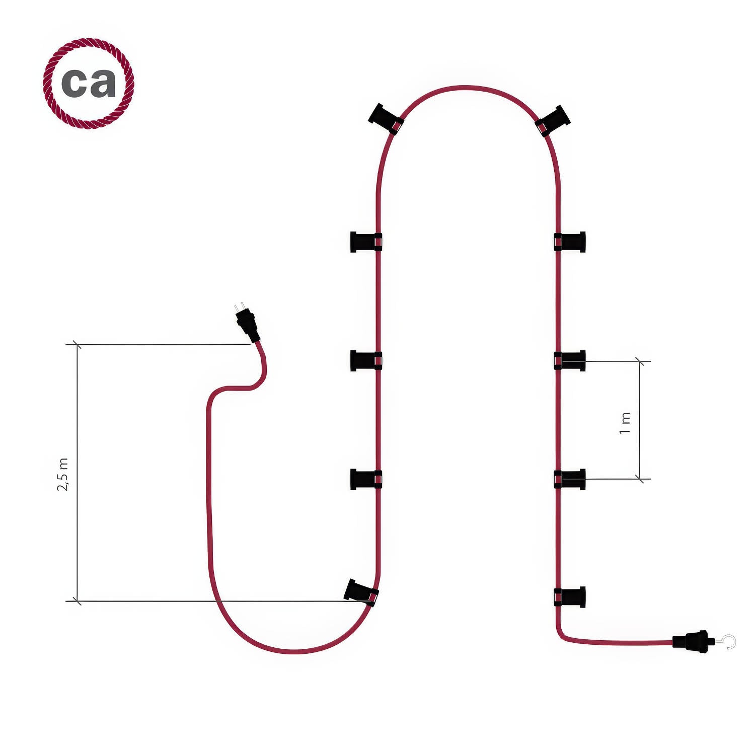 Catenaria Sistema Lumet da 12,5 m con cavo tessile CM10, 10 portalampada, gancio e spina bianchi