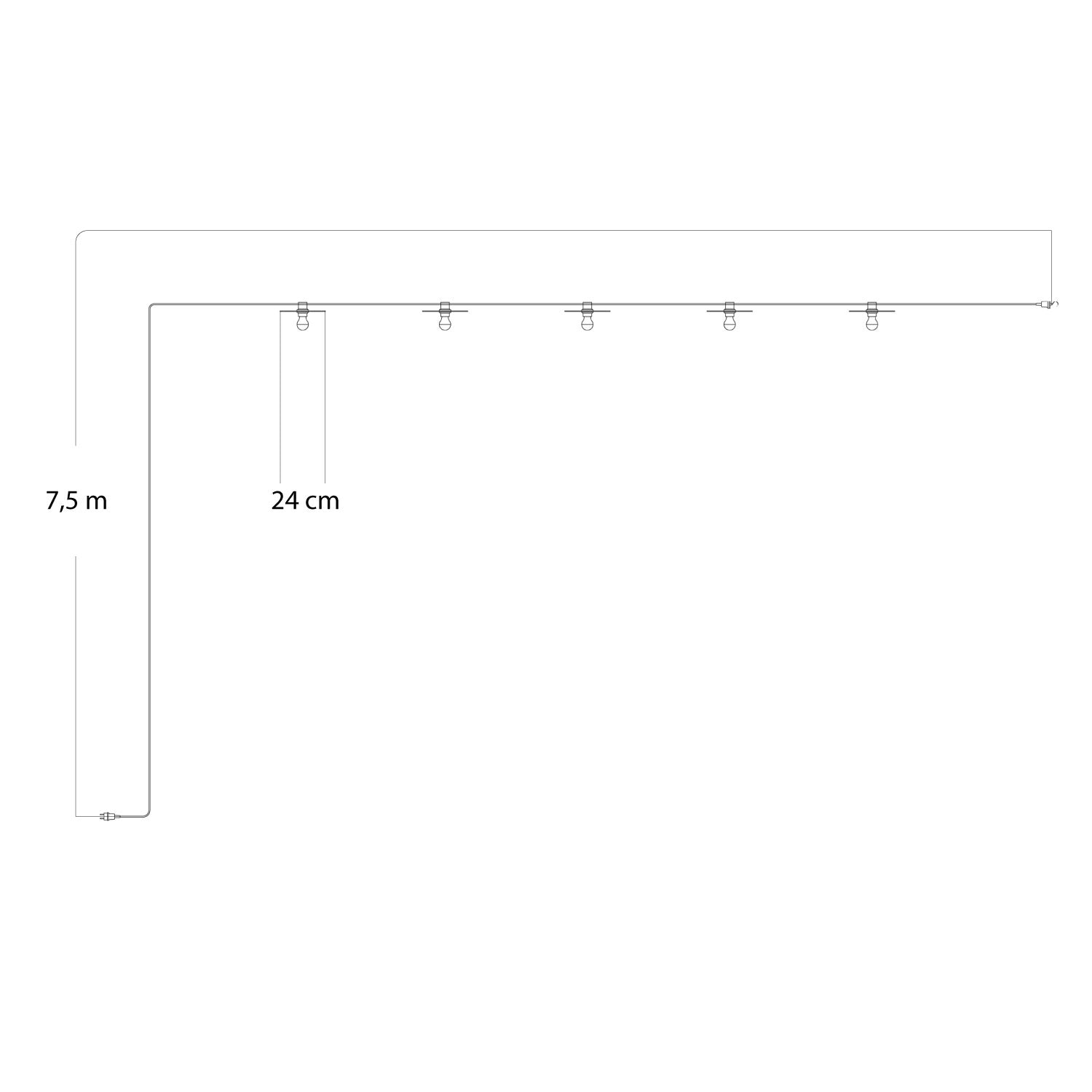 Catenaria Sistema Lumet 'Maioliche' da 7,5 m con cavo tessile, 5 portalampada e paralumi Rosso e Verde, gancio e spina nera