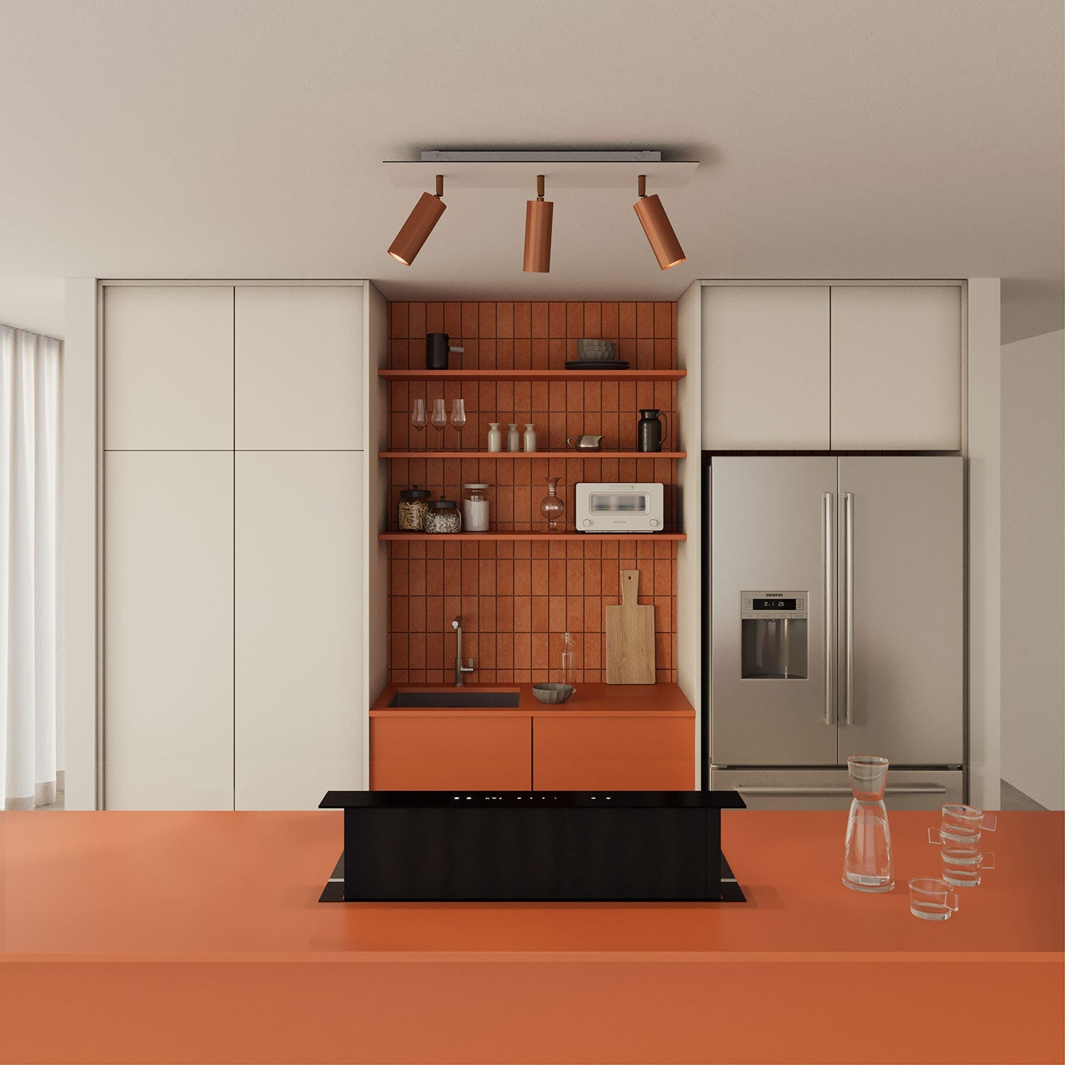 Lampada a 3 faretti con paralume Tub-E14 e Rose-One XXL rettangolare - Rame satinato