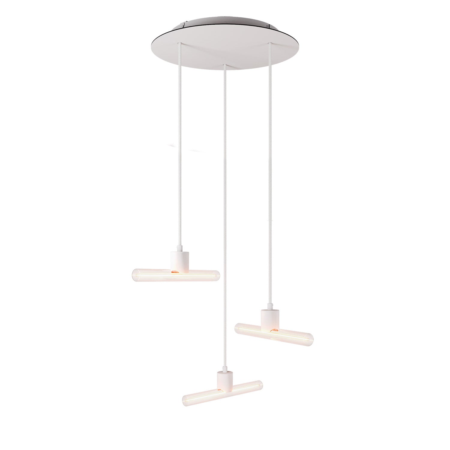 Lampada a sospensione a 3 cadute asimmetriche esse14 con Rose-One completa di cavo tessile e finiture in metallo - Bianco
