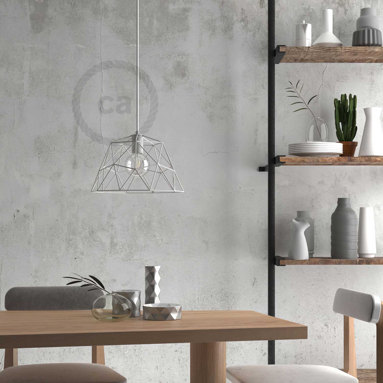 Lampada a sospensione completa di cavo tessile, paralume Dome e finiture in metallo - Bianco