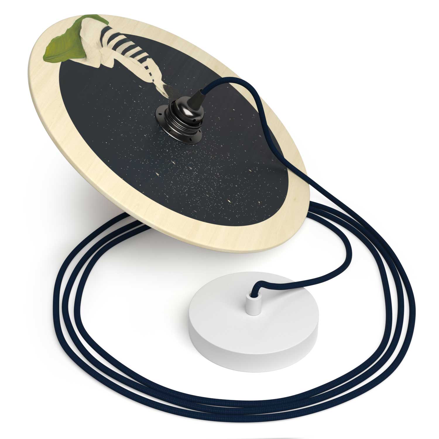 Lampada a sospensione completa di cavo tessile, paralume in legno UFO double-face e finiture in metallo - Chiara Fucà