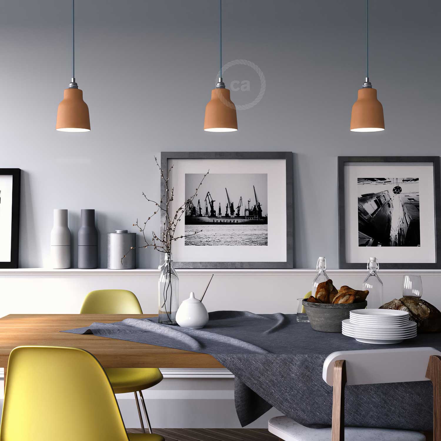 Lampada a sospensione completa di cavo tessile, paralume Vaso in ceramica e finiture in metallo - Terracotta striato