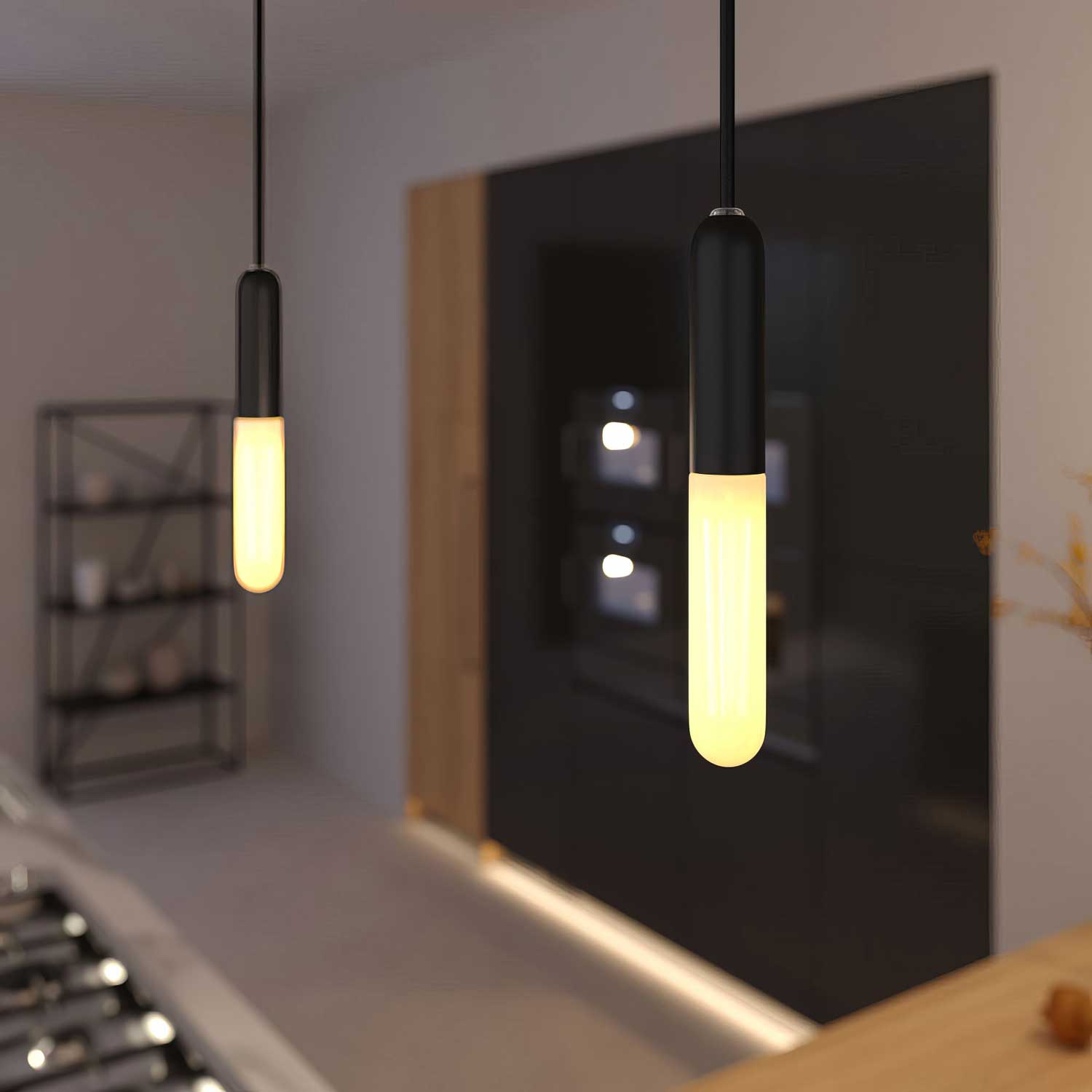 Lampada a sospensione completa di cavo tessile, portalampada E14 P-Light e finiture in metallo - Nero