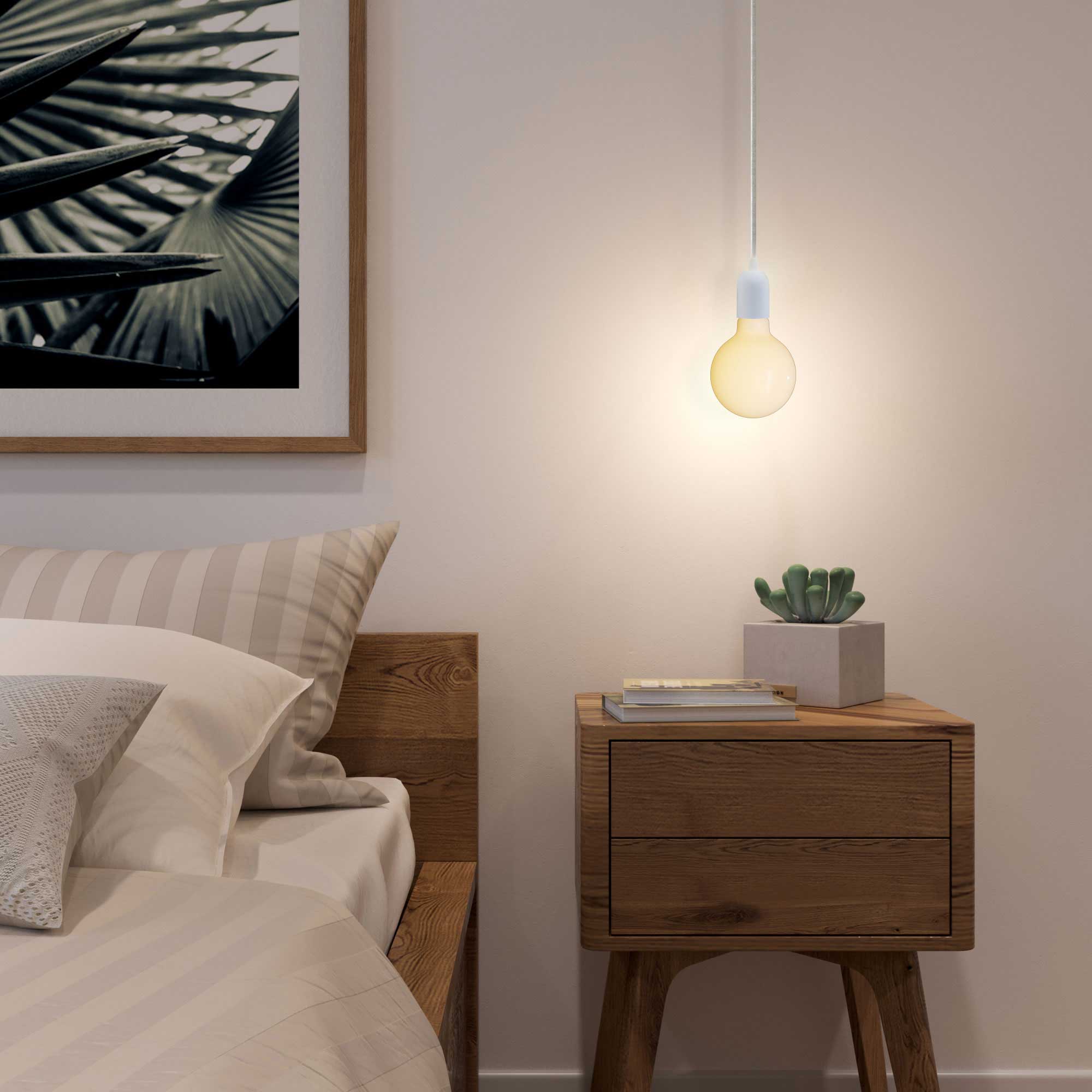 Lampada a sospensione completa di cavo tessile, rosone e portalampada semisferici in metallo - Nero