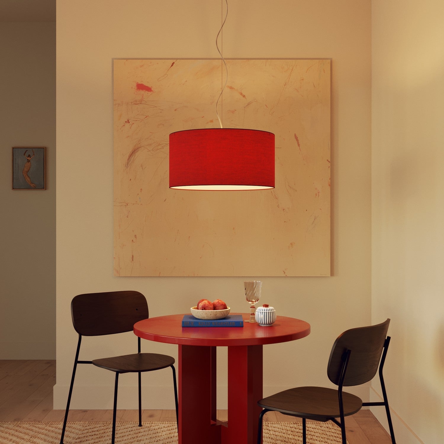 Lampada a sospensione con paralume in tessuto Cilindro Medium Teletta rosso - Made in Italy Si