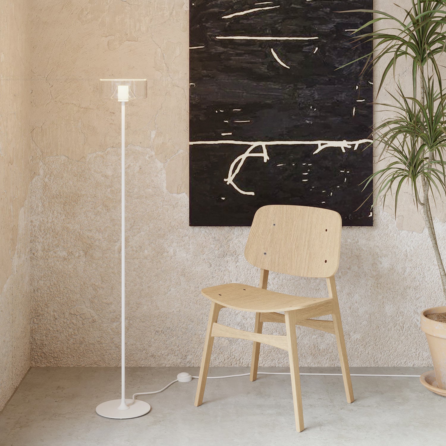 Lampada da terra MAG-Y con base metallica tonda e lampadina Ghost trasparente - Bianco opaco