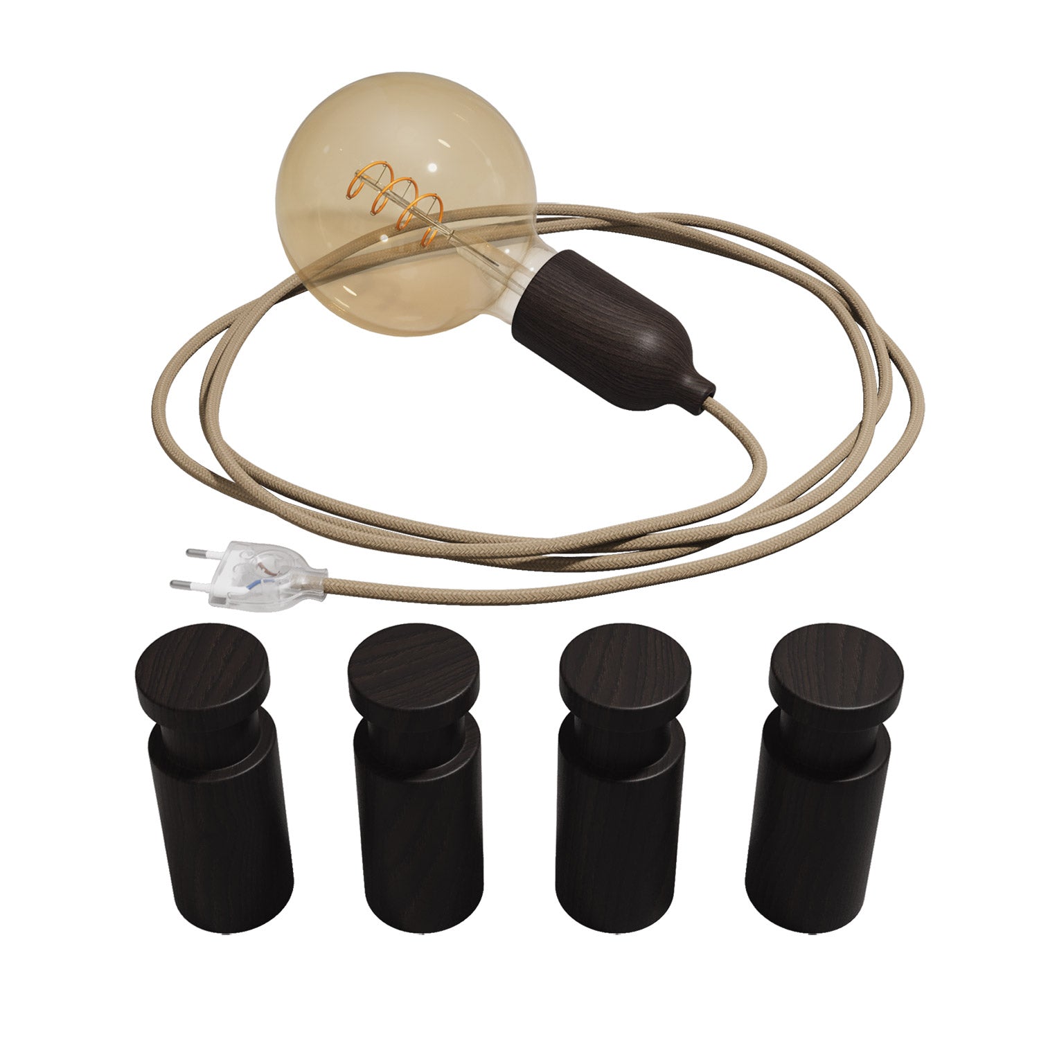 Lampada portatile Snake con portalampada in legno e spina, completa di 4 passacavo in legno Rolé - Effetto Wengé