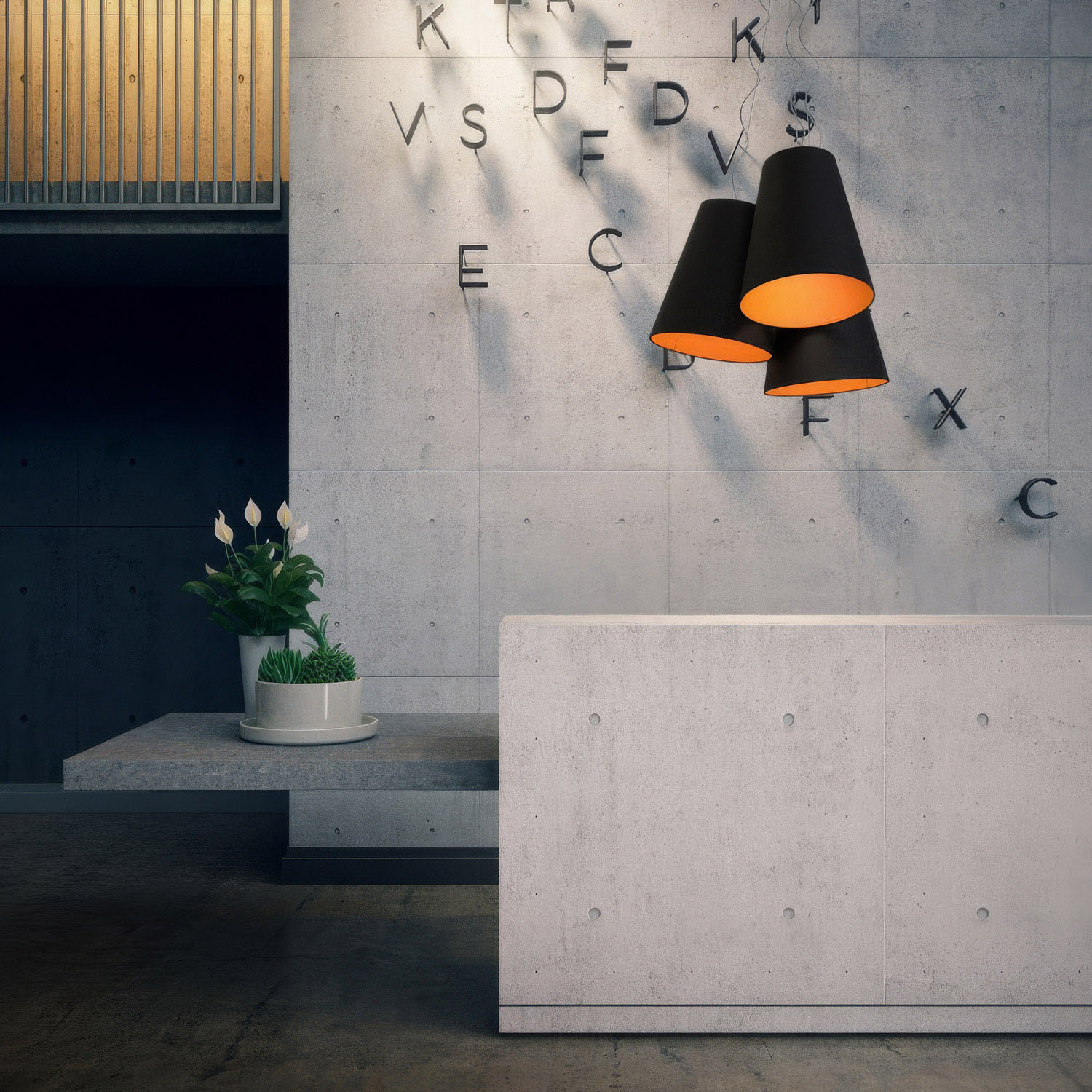 Lampadario Trittico con paralumi a cono bicolore Antracite e Mandarino - Made in Italy