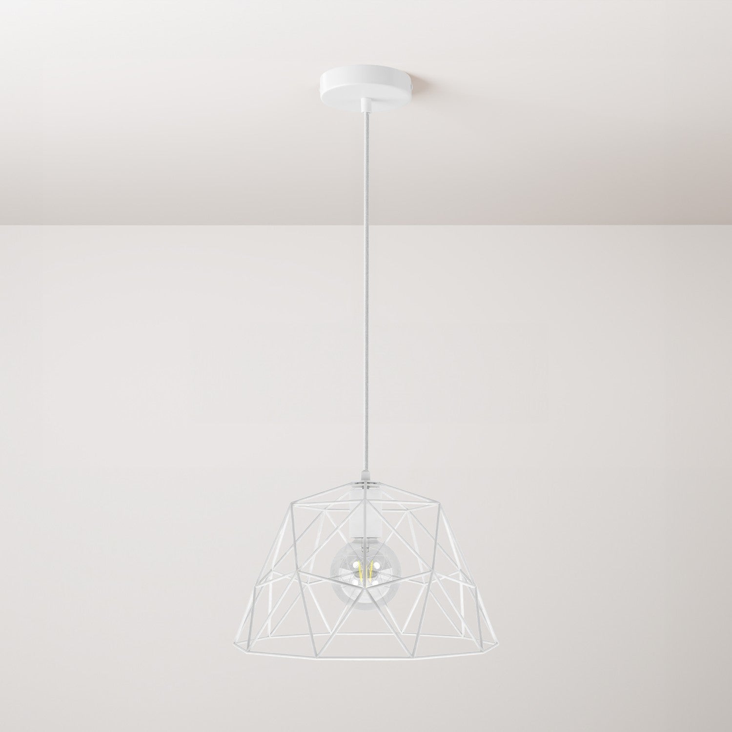 Lampada a sospensione completa di cavo tessile, paralume Dome e finiture in metallo - Bianco
