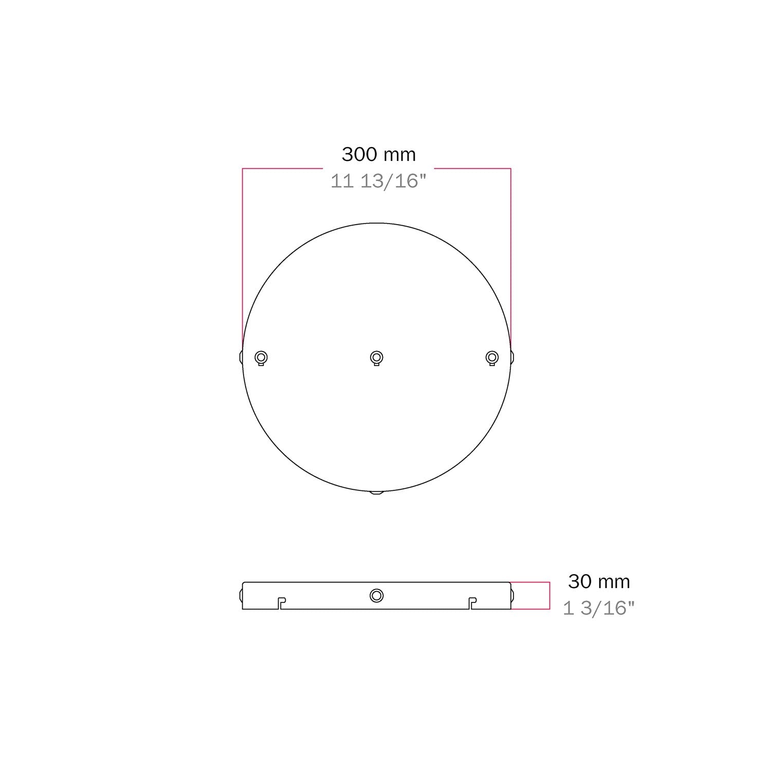Rosone rotondo in alluminio Ø 30 cm con staffa e cavo di messa a terra, con 3 fori frontali - Nero 3