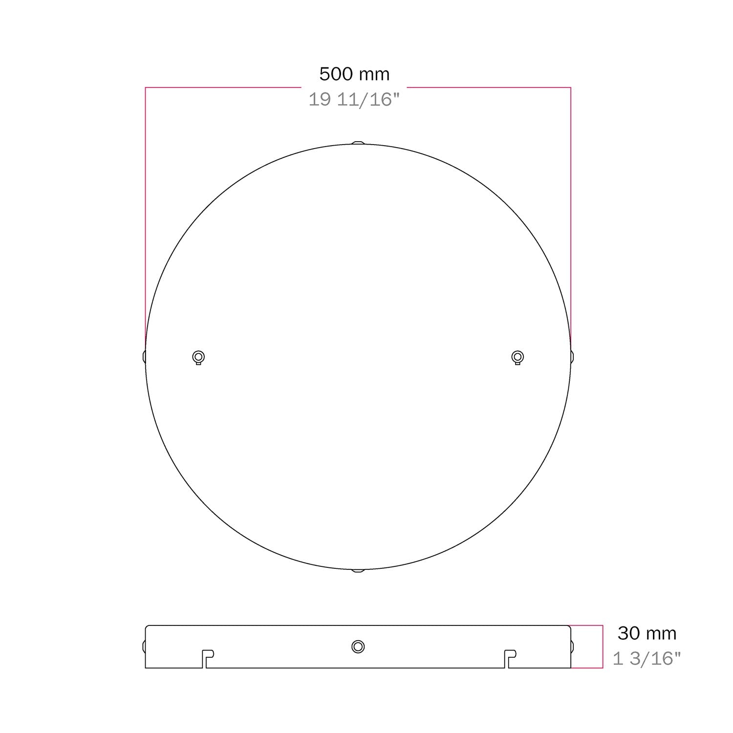 Rosone rotondo in alluminio Ø 50 cm con staffa e cavo di messa a terra, con 2 fori frontali - Bianco Opaco 4