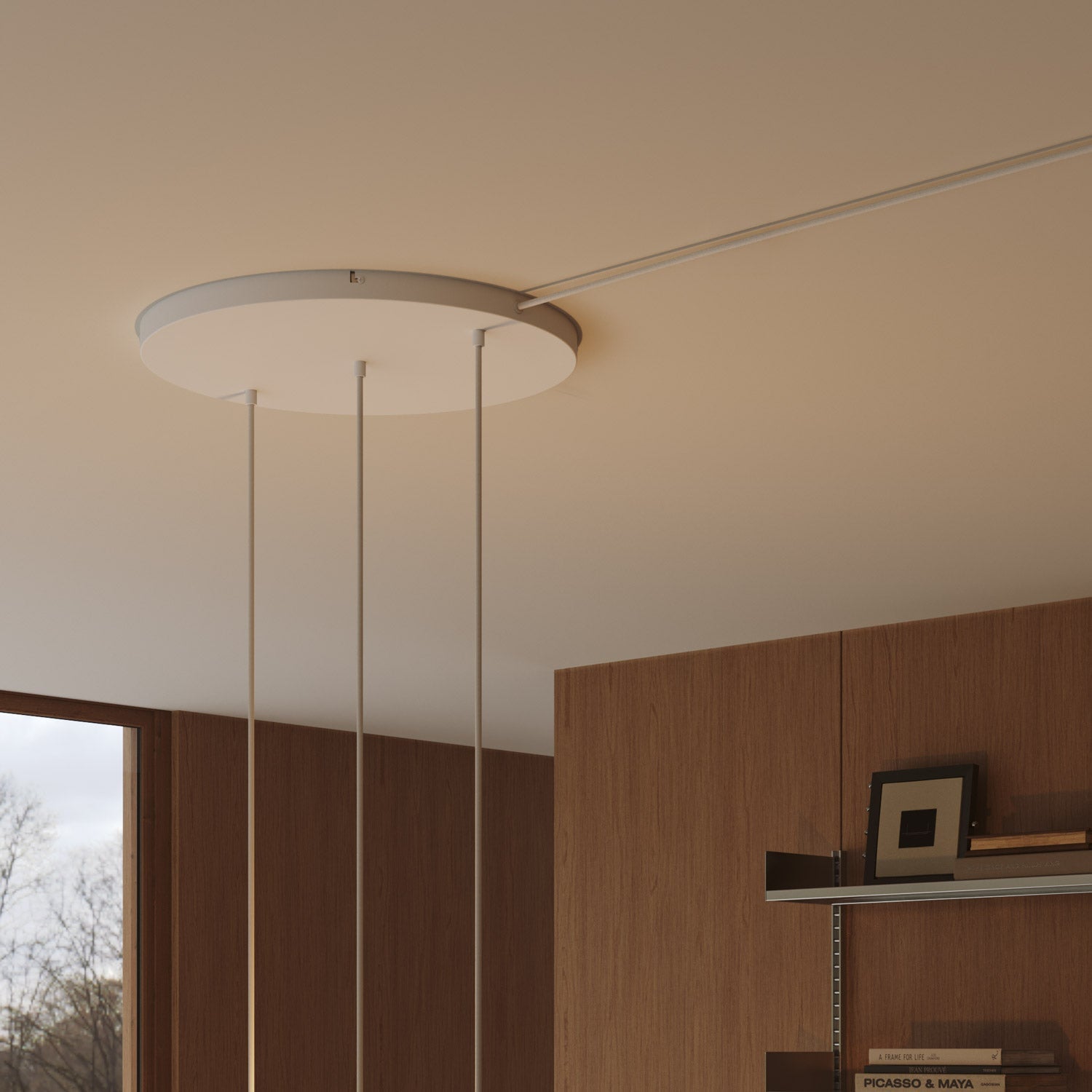 Rosone rotondo in alluminio Ø 50 cm con staffa e cavo di messa a terra, con 3 fori in linea frontali - Bianco Opaco 1