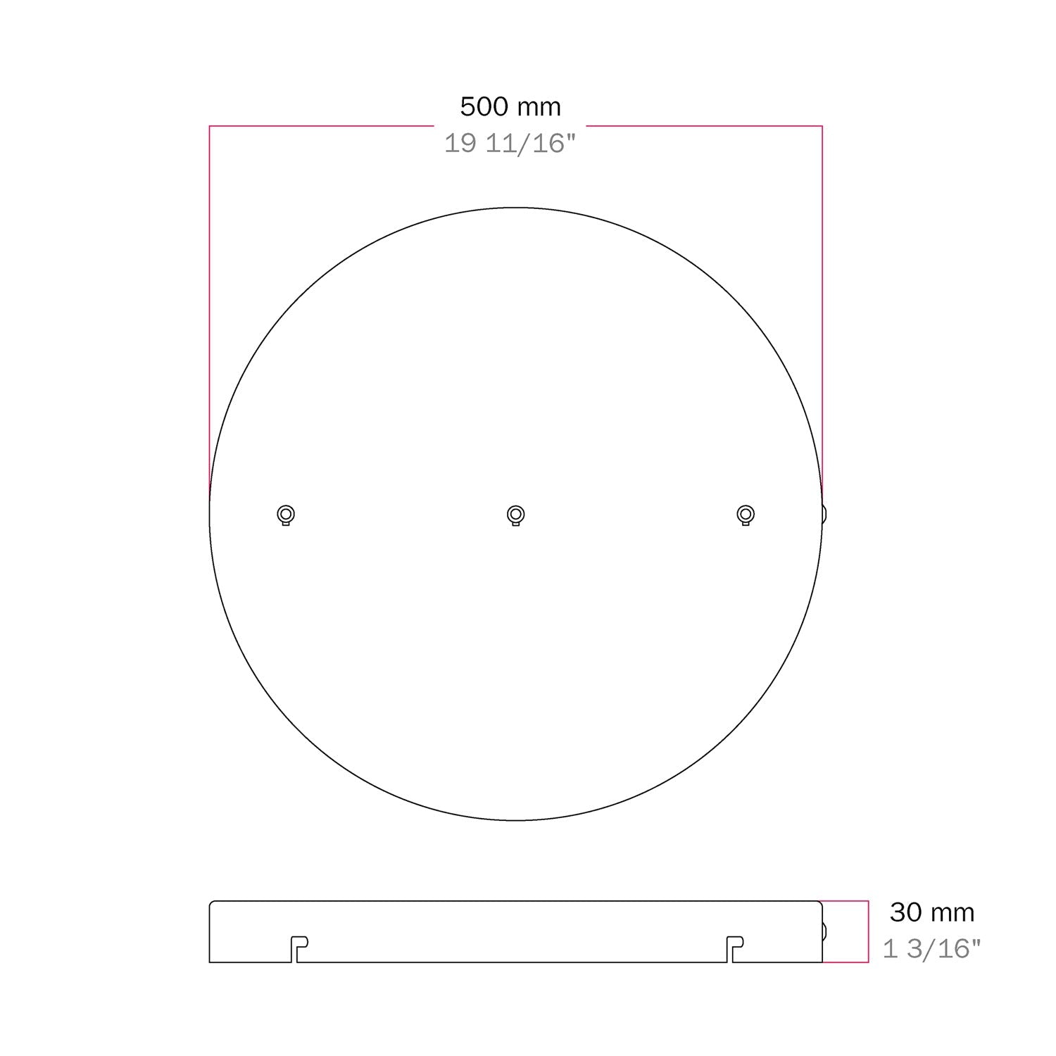 Rosone rotondo in alluminio Ø 50 cm con staffa e cavo di messa a terra, con 3 fori in linea frontali - Bianco Opaco 1